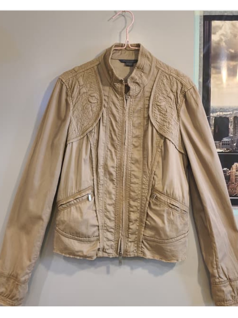 Armani Exchange Beige Quilted Embroidered Bomber Jacket Large
